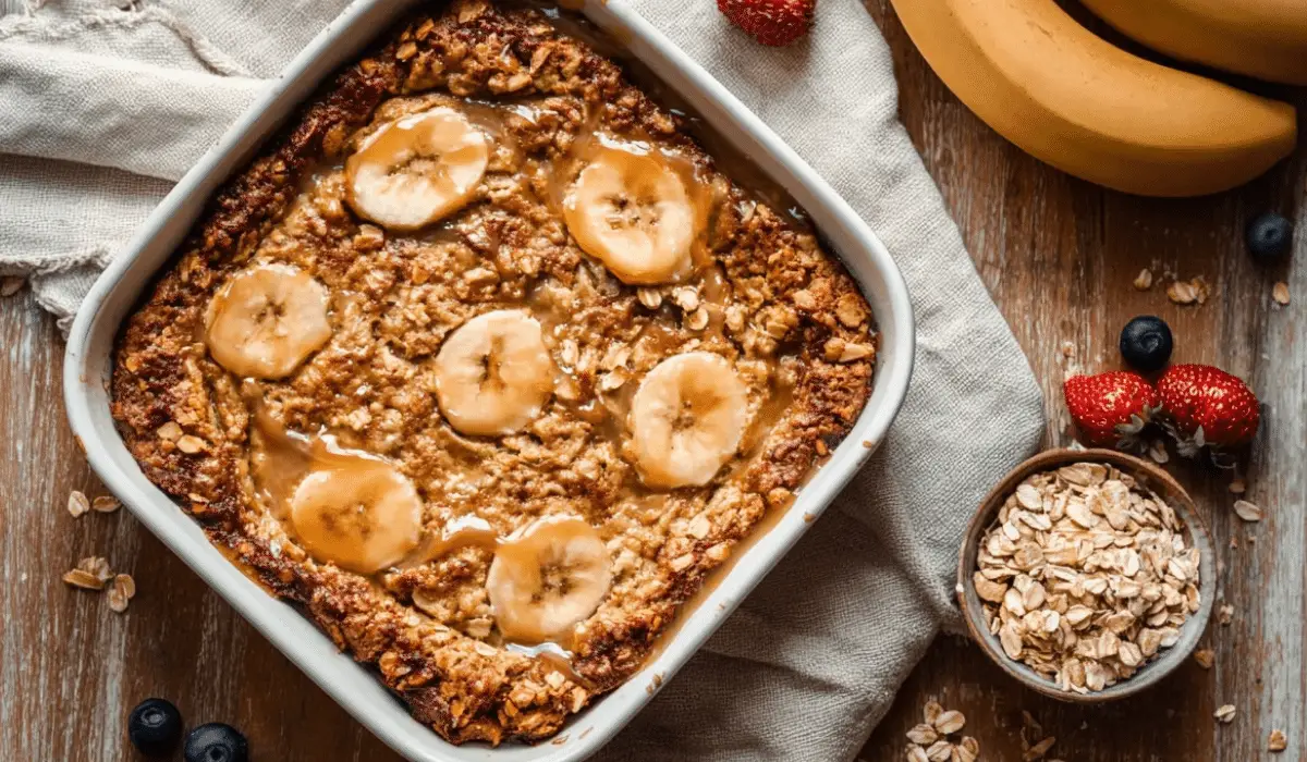 Banana Baked Oatmeal fresh out of the oven on a rustic table
