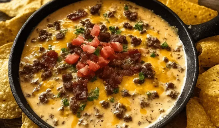 Sizzling Bacon Cheeseburger Queso Dip served in a skillet