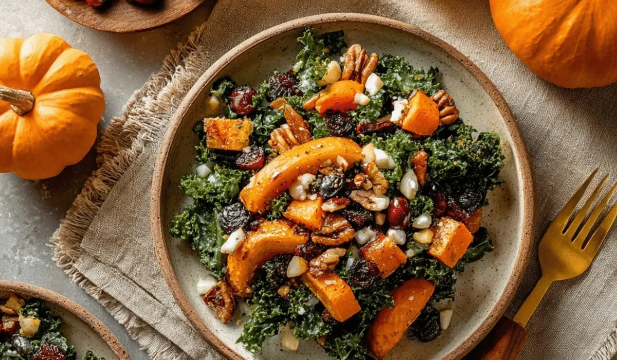 maple-roasted squash and kale salad on rustic table