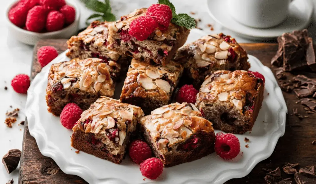 Dark Chocolate Raspberry Coffee Cake on a breakfast table