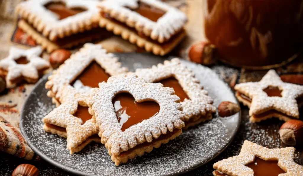 Caramel Hazelnut Linzer Cookies on rustic table