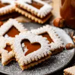Caramel Hazelnut Linzer Cookies on rustic table