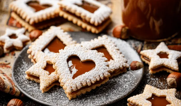 Caramel Hazelnut Linzer Cookies on rustic table