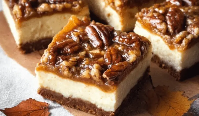Pecan Pie Cheesecake Bars on rustic table
