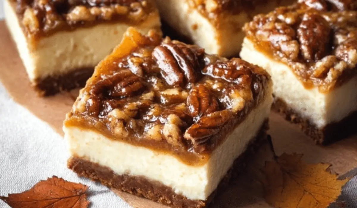 Pecan Pie Cheesecake Bars on rustic table
