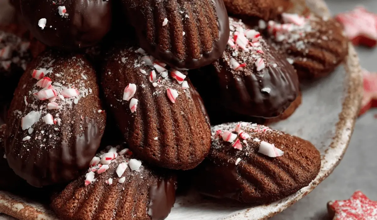 Chocolate Peppermint Madeleines on festive plate