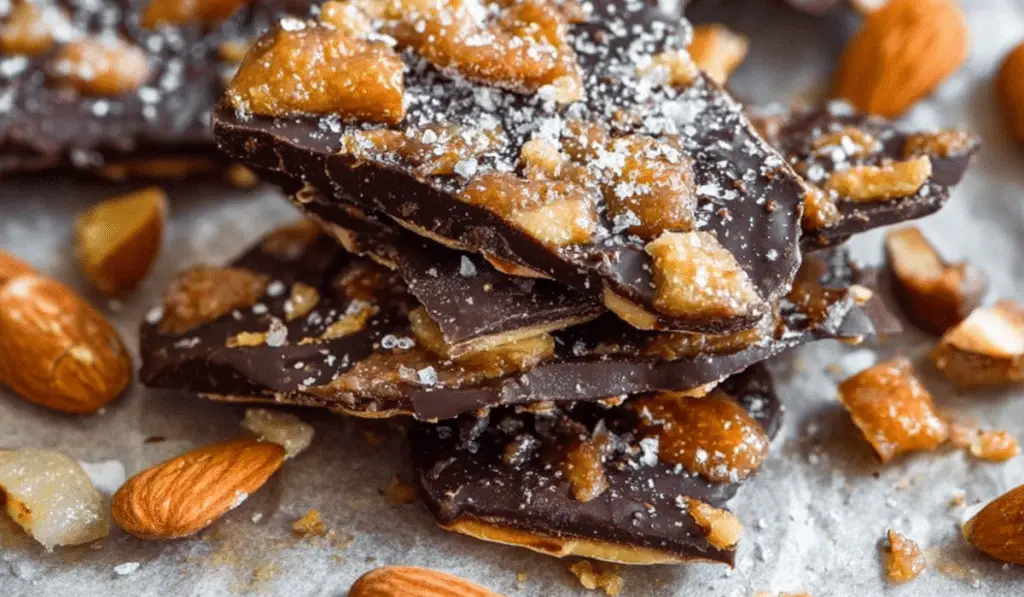 Salted Dark Chocolate Almond Toffee rustic stack