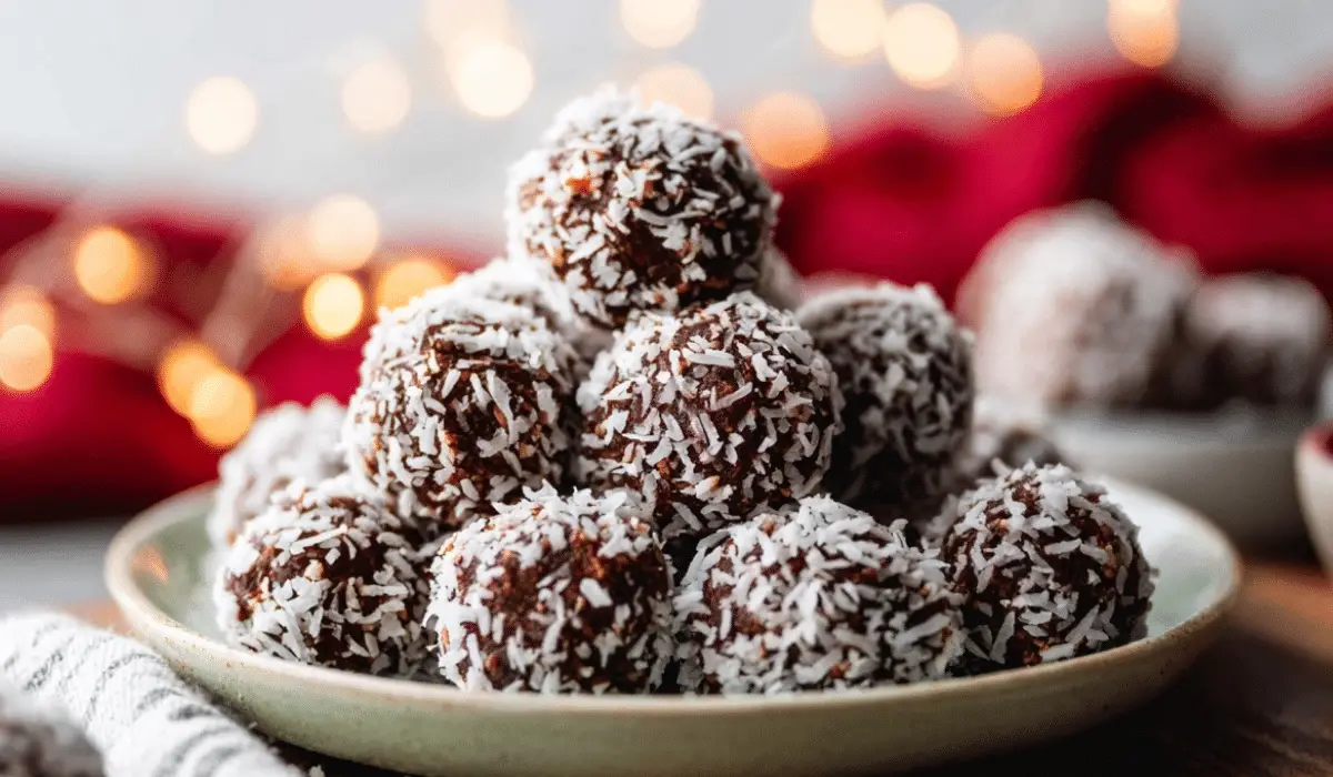 No-Bake Chocolate Coconut Snowballs on festive plate