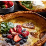 Dutch Baby Recipe (Pancake) in skillet with powdered sugar