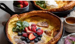 Dutch Baby Recipe (Pancake) in skillet with powdered sugar