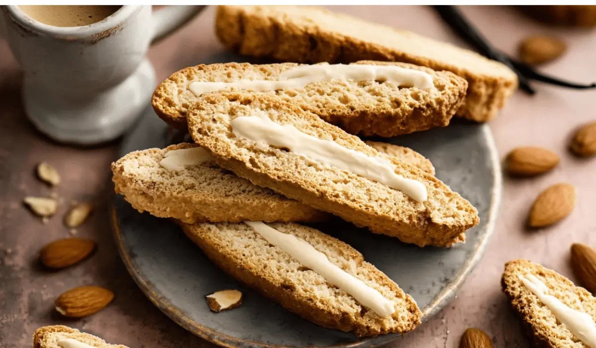 Sweet Vanilla Bean Biscotti with coffee on rustic table