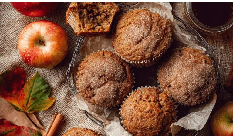 Apple Cider Spice Muffins fresh from the oven on a wooden table