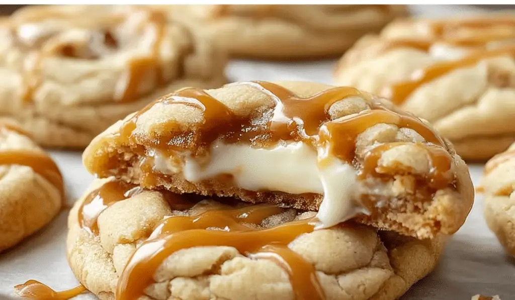 caramel cheesecake cookies freshly baked on tray
