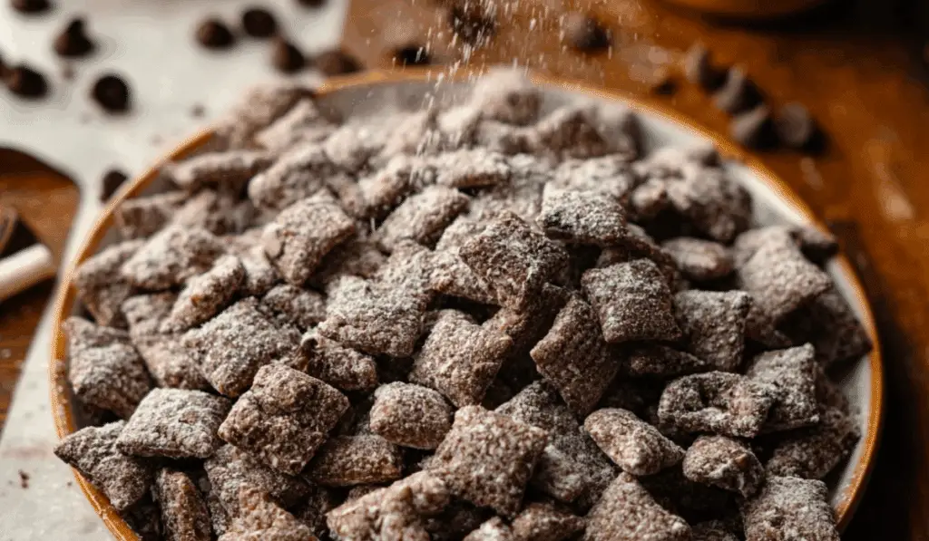 Brownie Batter Puppy Chow on rustic table
