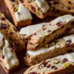 White Chocolate Cranberry Pistachio Biscotti on rustic holiday table