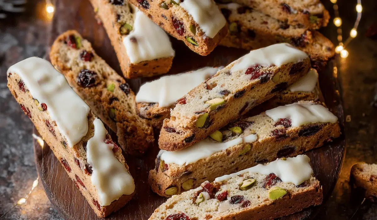 White Chocolate Cranberry Pistachio Biscotti on rustic holiday table