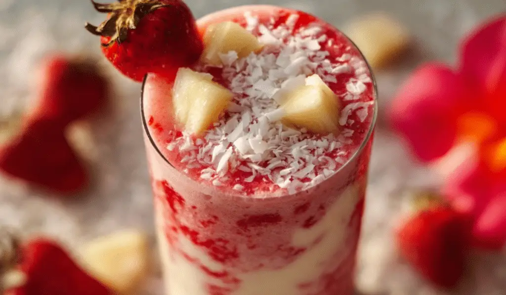 Tropical Strawberry Colada Smoothie in clear glass