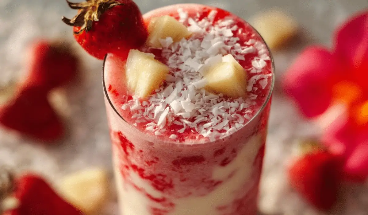 Tropical Strawberry Colada Smoothie in clear glass