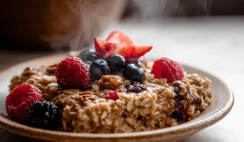 Bowl Baked Oatmeal with Berries on Rustic Table