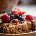 Bowl Baked Oatmeal with Berries on Rustic Table