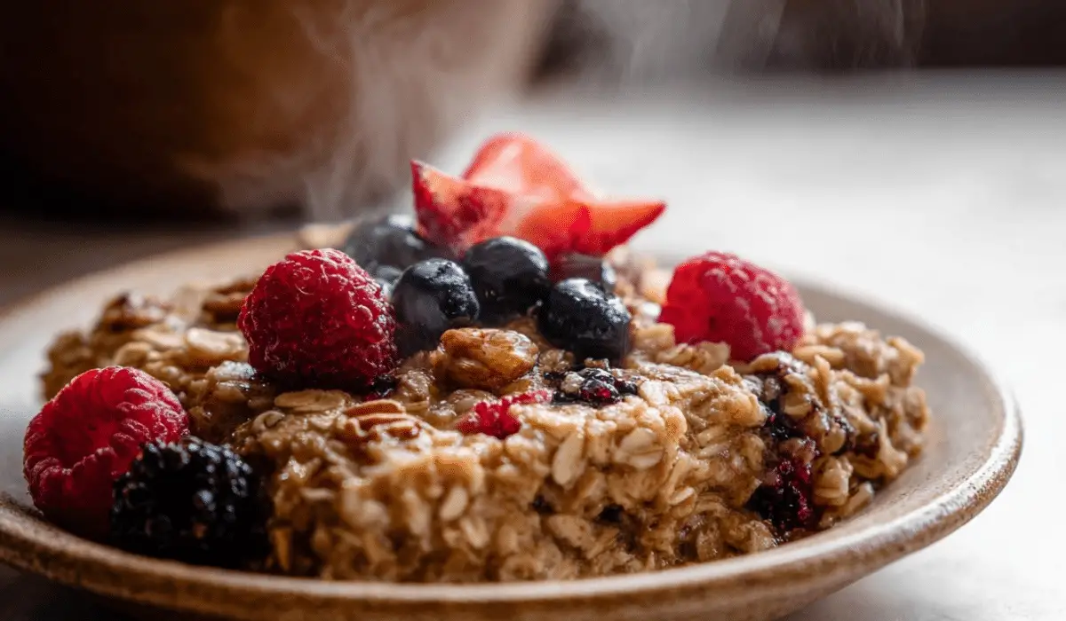 Bowl Baked Oatmeal with Berries on Rustic Table