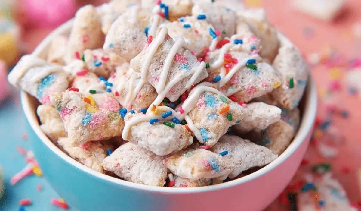 Birthday Cake Puppy Chow in a bowl with sprinkles