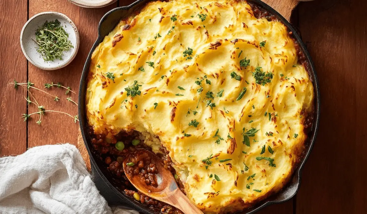 Vegetarian Shepherd’s Pie in a cast iron skillet