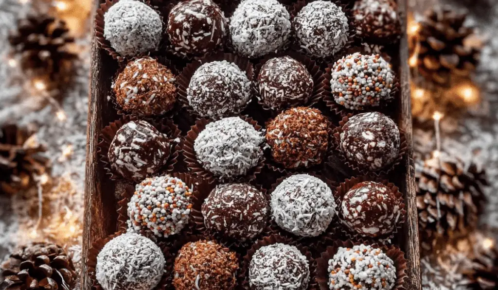 Festive and Easy Rum Balls on holiday tray