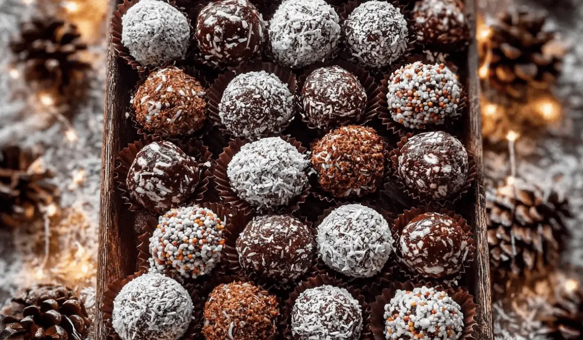 Festive and Easy Rum Balls on holiday tray
