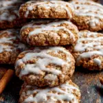 Iced Gingerbread Oatmeal Cookies stacked on rustic table