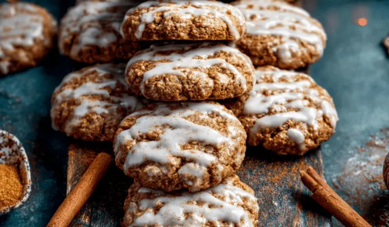 Iced Gingerbread Oatmeal Cookies stacked on rustic table