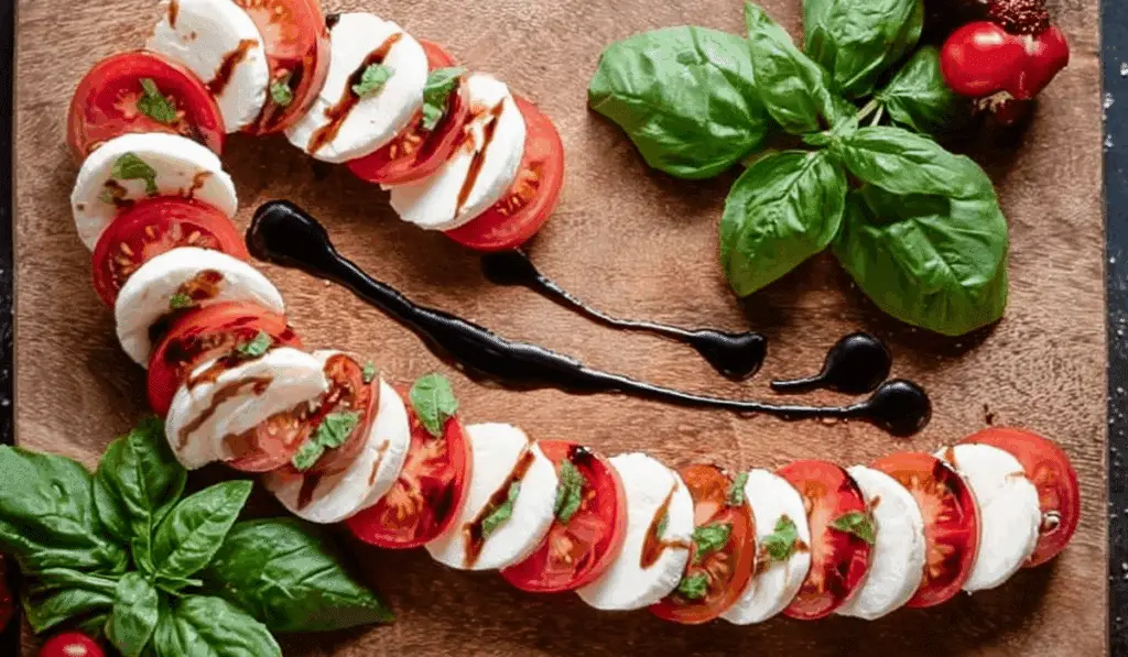 Candy Cane Caprese Board with basil and balsamic