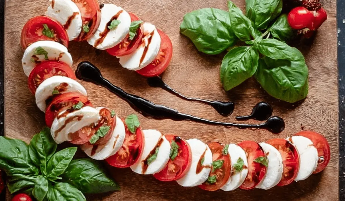 Candy Cane Caprese Board with basil and balsamic
