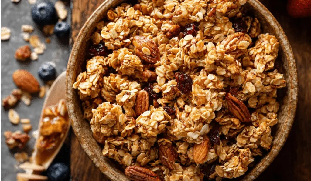 Granola Clusters in bowl on rustic table