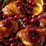 Skillet Cranberry Orange Chicken simmering in cast iron skillet