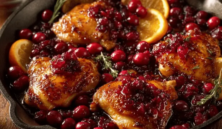 Skillet Cranberry Orange Chicken simmering in cast iron skillet