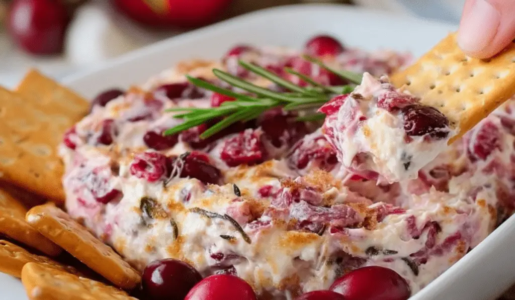 Cranberry Cream Cheese Dip with crackers and garnish