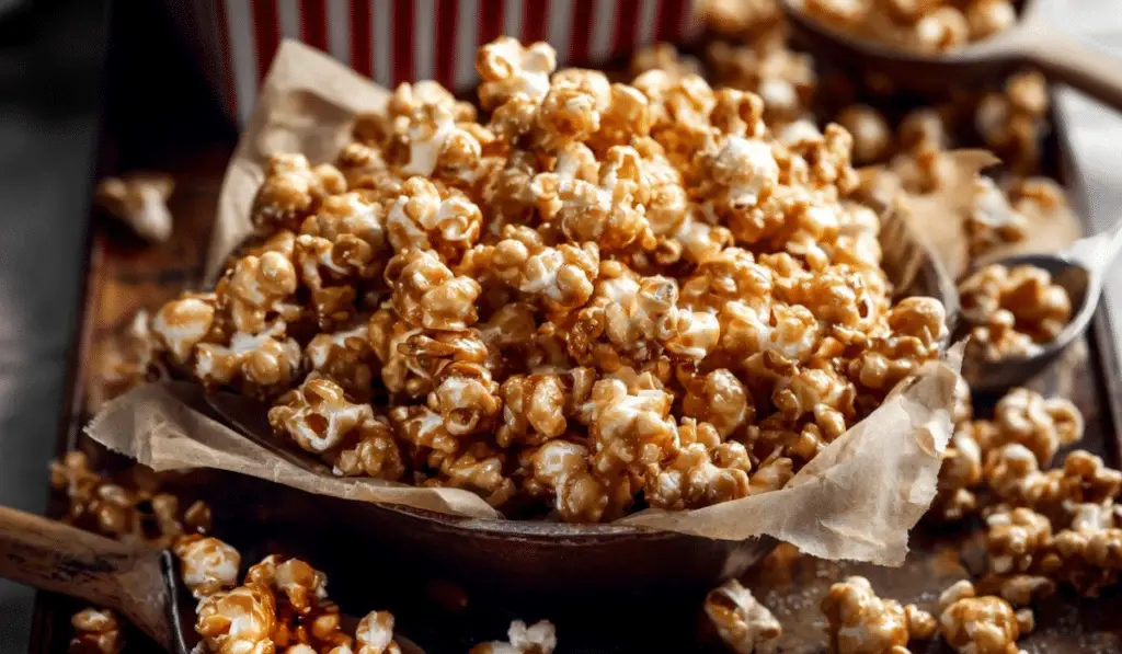 Grandma’s Homemade Caramel Corn in a rustic bowl