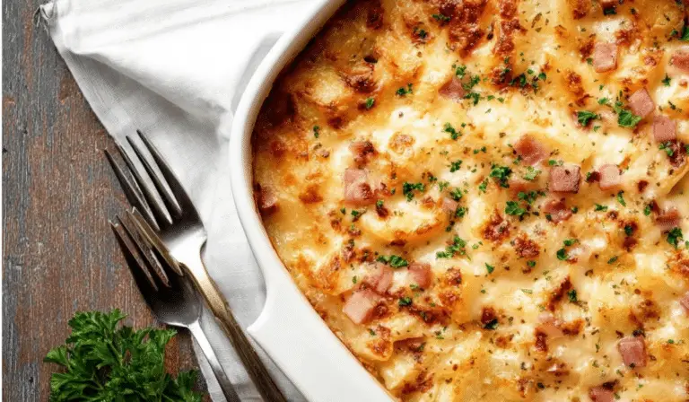 Cheesy Ham and Potato Casserole in a white baking dish