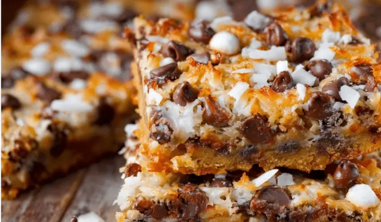 Ultimate Magic Cookie Bars stacked on a rustic table
