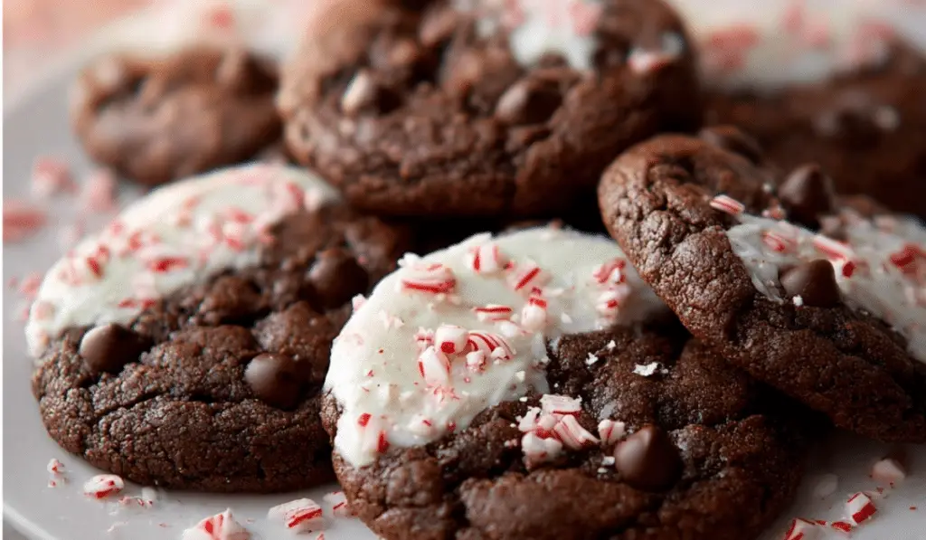 Peppermint Mocha Cookies fresh from oven with crushed peppermint