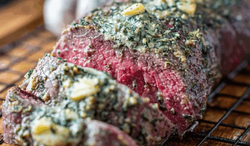 Garlic Butter Beef Tenderloin sliced with herb butter