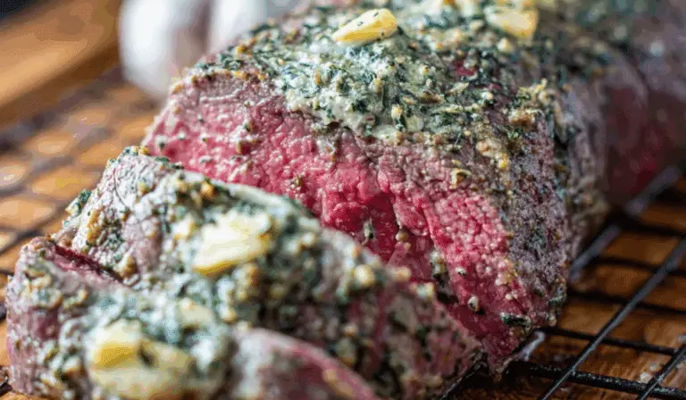 Garlic Butter Beef Tenderloin sliced with herb butter