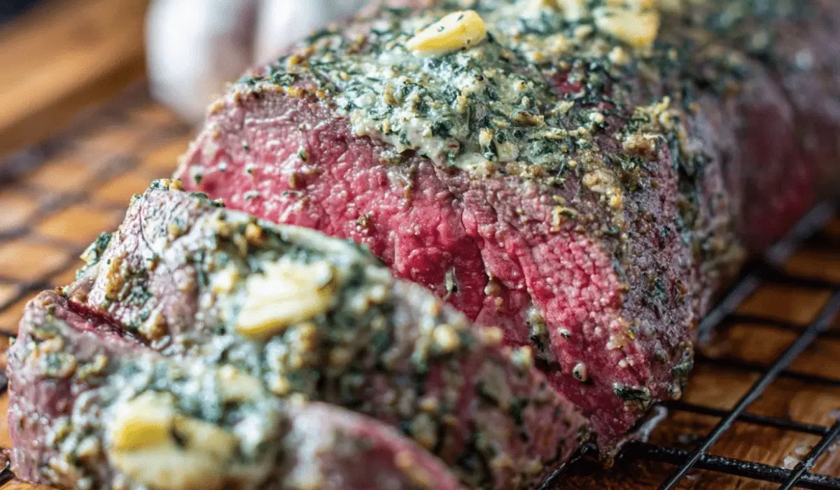 Garlic Butter Beef Tenderloin sliced with herb butter