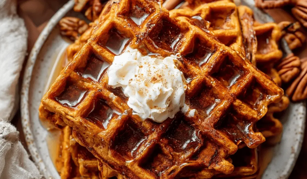 Pumpkin Spice Waffles served with whipped cream and syrup