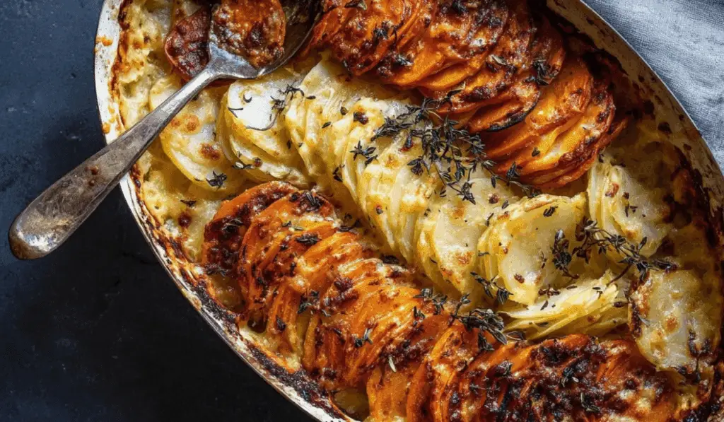 Cheesy Root Vegetable Gratin freshly baked