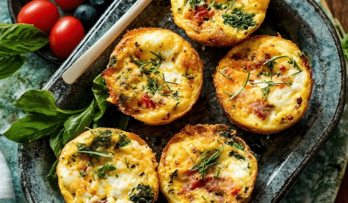 Freshly baked Breakfast Egg Muffins (Frittata Muffins) in a rustic muffin tray