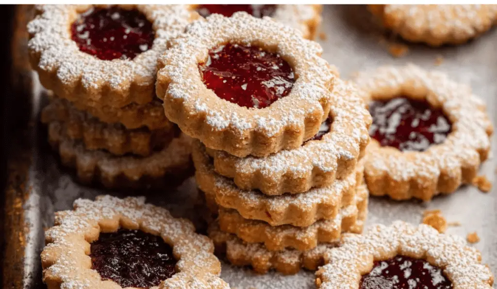 Linzer Cookies on a festive holiday tray