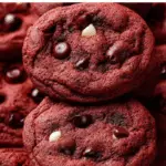 Red Velvet Chocolate Chip Cookies stacked on rustic table