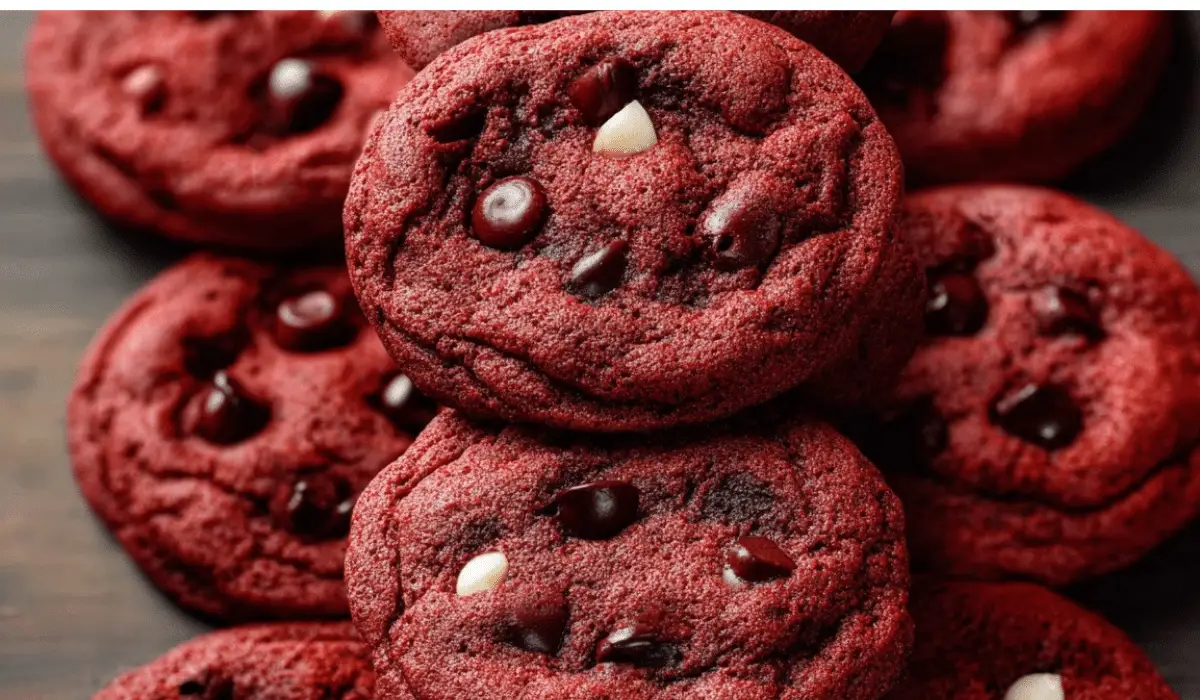 Red Velvet Chocolate Chip Cookies stacked on rustic table